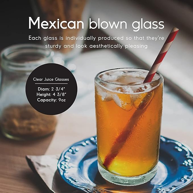 Clear Blown 9 oz Juice Glasses (set of 6) Mexican Handmade Glassware, Recycled Glass, Lead-free, Toxin-Free (Juice)