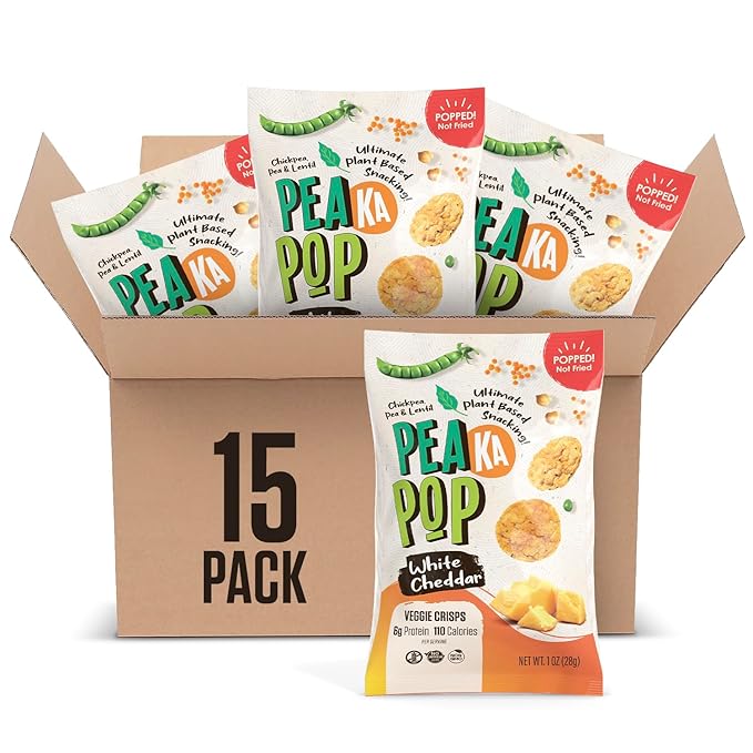 PeaKaPop Veggie Chips ??Plant-Based, Healthy Veggie Crisps with Pea, Lentil & Chickpea Protein ??Vegan, Gluten-Free, Popped Chips ??Snack Size for Kids & Adults ??1 oz Bags (15-Pack) ??White Cheddar