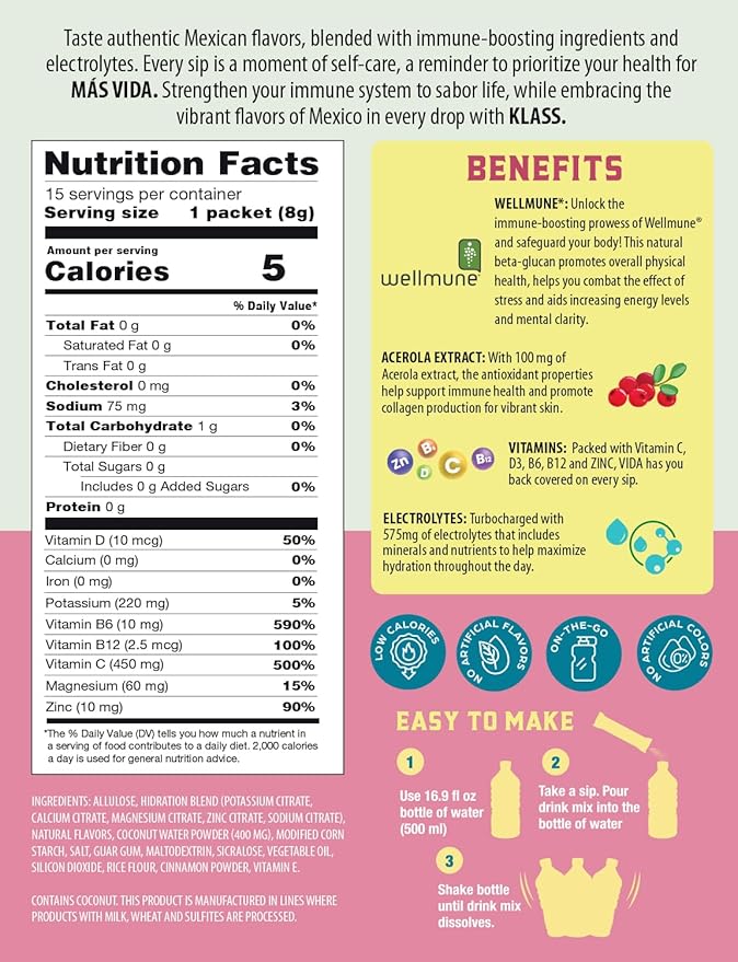Hydration + Immunity Electrolyte Drink Mix ??Strawberry Horchata Agua Fresca | Sugar-Free Powder with Wellmune®, Acerola, Coconut Water & Minerals | 15 Single-Serve Stick Packs