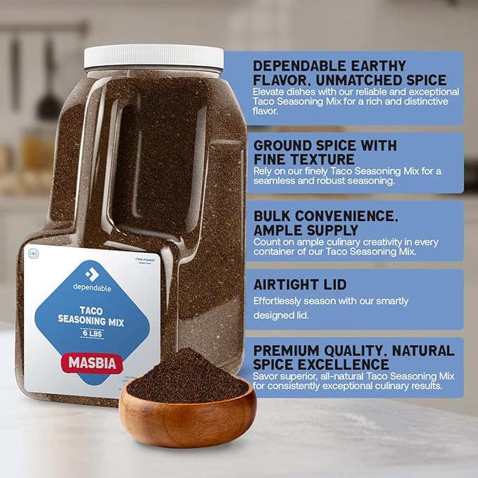 Dependable Food Taco Seasoning - 6 Lb. Resealable Jug - Non-GMO, Allergen-Free, Kosher ??Authentic Mexican Flavor for Tacos, Burritos, & More