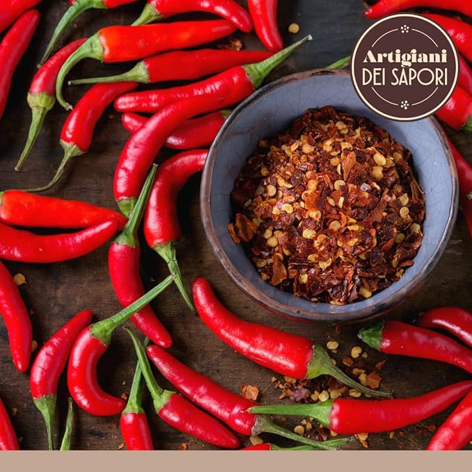 ARTIGIANI DEI SAPORI - Crushed Hot Red Chili Pepper Flakes, 3.5 oz Bag, Spicy Herb Seasoning, Italian Pepperoncino, Packed in Calabria