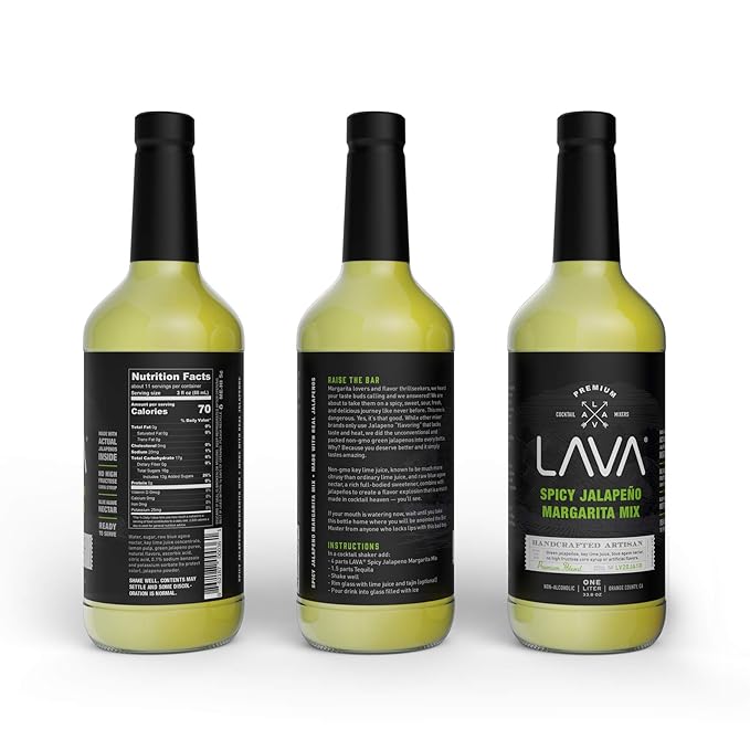 LAVA Premium Spicy Jalape챰o Margarita Mix by LAVA Craft Cocktail Co., Made with Real Jalape챰os, Agave Nectar, Key Limes, Lots of Flavor and Ready to Use, 1-Liter Glass Bottle