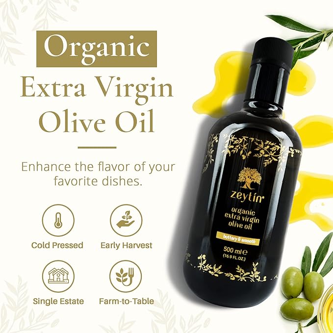 Zeytin Organic Olive Oil Extra Virgin - GOLD MEDAL & Early Harvest - Fresh 2024 Harvest, Bottled in Jan 2025 - New Luxury Packaging - Keto & Cold Pressed - Buttery & Smooth (16.9fl oz - 1 Pack)