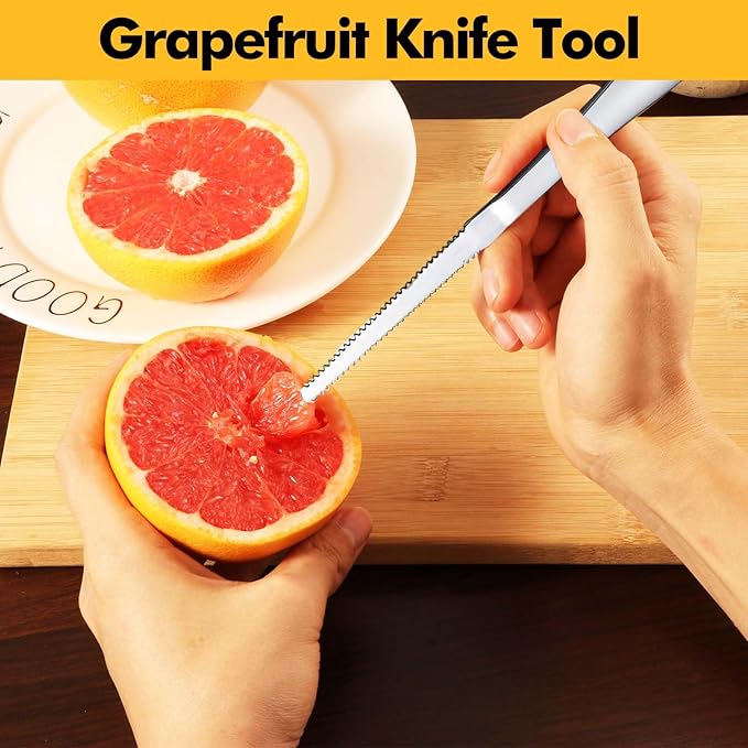 HyperSpoon 5 Pack Grapefruit Spoons & 1 Grapefruit Knife, Stainless Steel Flatware Set Serrated Edges, Cutting Utensil Kitchen with Titanium Plating for Fruit Kiwi Orange, Silver