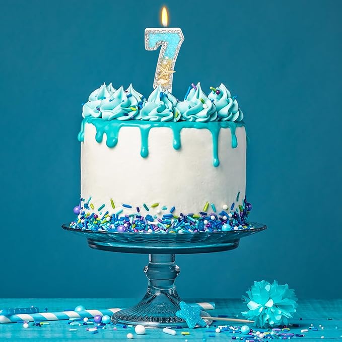7th Birthday Candle for Cake, Beach Starfish Sequins Candles, 2.76 inch Cake Topper Decoration for Birthday Party (Number 7)