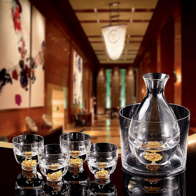 DUJUST Sake Set for 4, Crystal Sake Glass Decorated with 24K Gold Leaf Flakes, 1 Sake Bottle, 1 Sake Tank and 4 Sake Cups/Shot Glass, Cold Sake Carafe, Beautiful & Luxury Japanese Gifts Set - 6 pcs