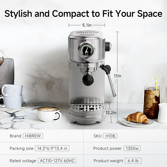 HIBREW H10B - 51mm Espresso Machine - Temperature & Cup Volume Adjustable at will - With Intelligent Display Screen & Pressure Gauge - Stainless Steel Body