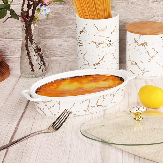 11" x 7" Ceramic Casserole Baking Dish With Glass cover, Lasagna Pan Deep for Oven, 1.3 Quarts Baking Pan with Handles, Oven Safe & Durable Bakeware for Home Decor