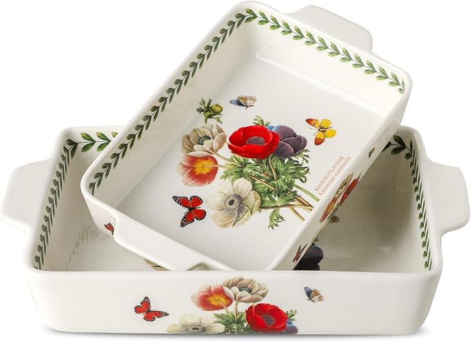 Ceramic Baking Casserole Dish with Handles, Large 8x13 inch & 6x10 inch Pan and Middle Baking Pan - Porcelain Serving Bakeware Set (Papaver rhoeas)