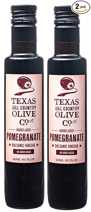Pomegranate Balsamic Vinegar - Gourmet Barrel Aged Infused Balsamic Vinegar - Great for Dressing Dipping Glazing - No Artificial Flavors or Added Sugar - Made in Texas (8.5 oz, 2 Pack)