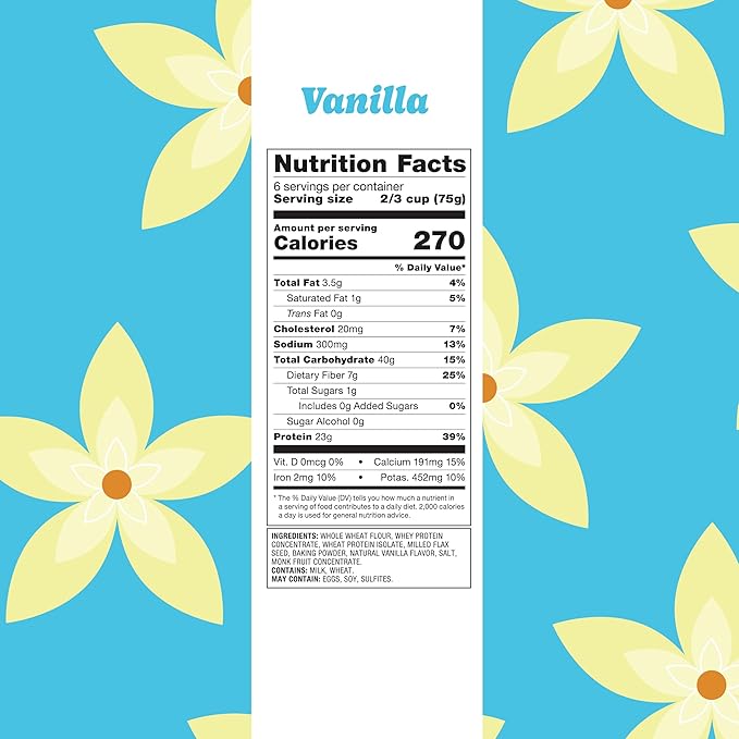Flourish Protein Pancake & Waffle Mix, with Whey Protein & Flax Seed, No Added Sugar, High in Protein & Fiber - Just Add Water - Vanilla Flavour, 430g (3 Pack) - Made in Canada
