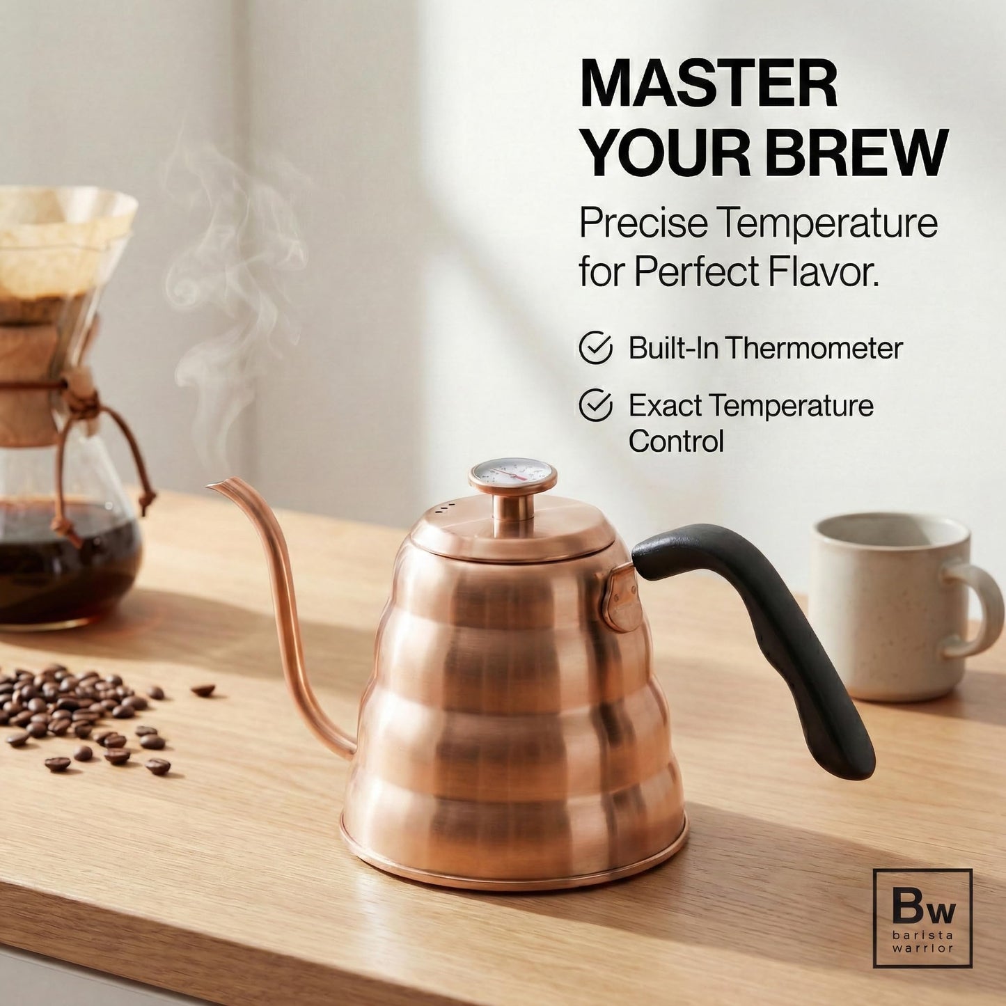 Barista Warrior Gooseneck Kettle with Thermometer - 1.2L Pour Over Coffee & Tea Kettle, Copper