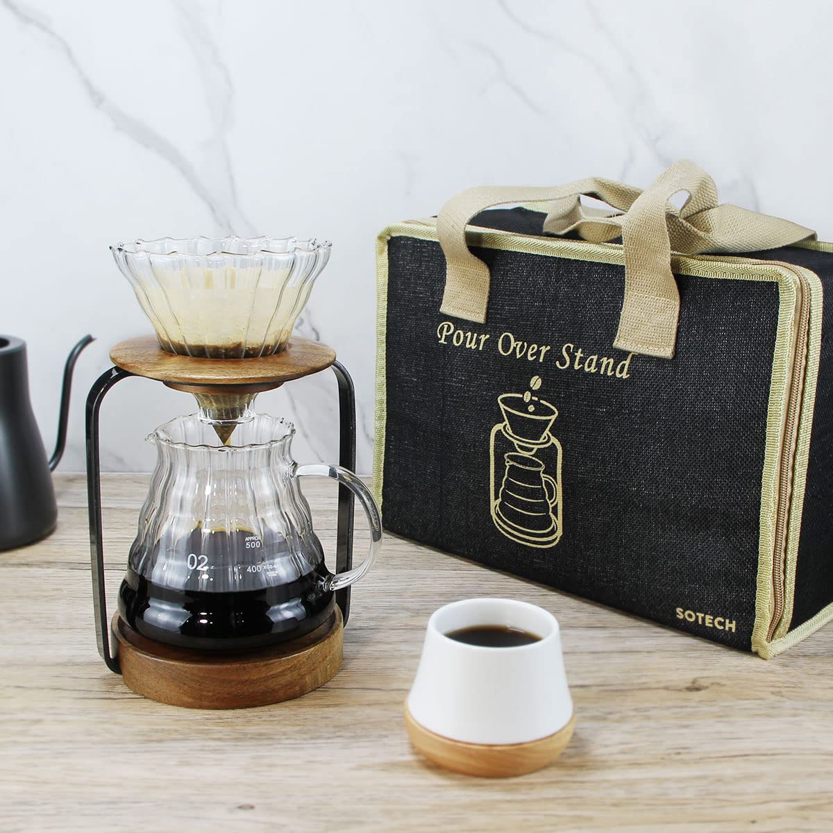 SOTECH Pour Over Coffee Station Dripper Stand Coffee Filter Wooden Filter Holder Glass Server with