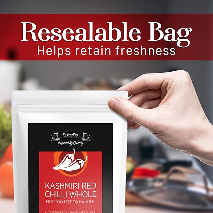 SpiceFix - Whole Kashmiri Red Chilli Pepper, Mild to Medium Heat Natural Stemless Chillies, Sun-Dried Red Pepper, Indian Dried Chili Peppers in a Resealable Bag, 2.6 Ounces