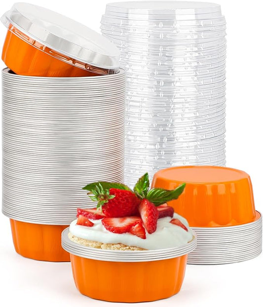 Beasea Disposable Ramekins for Baking, 8oz 100 Pack Aluminum Foil Cups with Lids, Creme Brulee Muffin Cupcake Baking Cup Mini Pudding Cups for Party Wedding Birthday - Orange