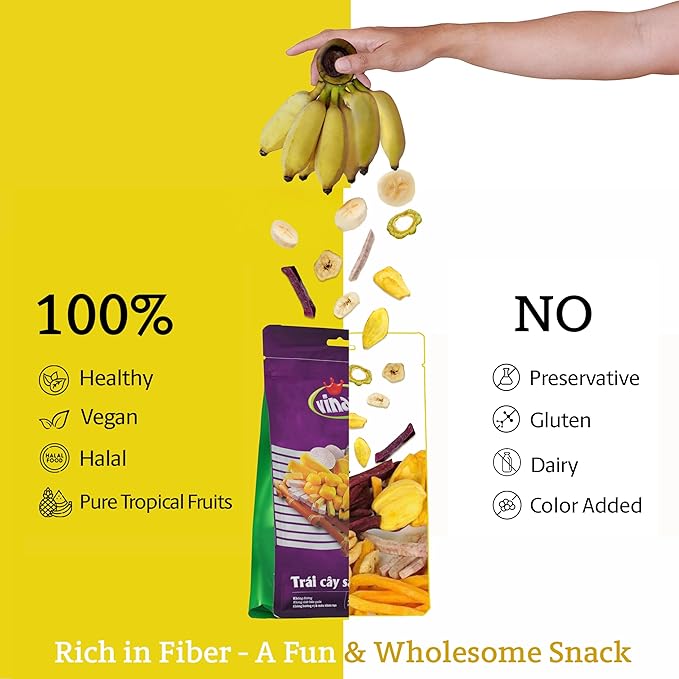 Vinamit Dried Mixed Fruit Chips | Healthy Snacks 8.8 oz Bag | Tropical Blend with Jackfruit, Banana, Pineapple, Sweet Potato, Taro & Vegetable | No Sugar Added | Non-GMO, Gluten-Free, Vegan