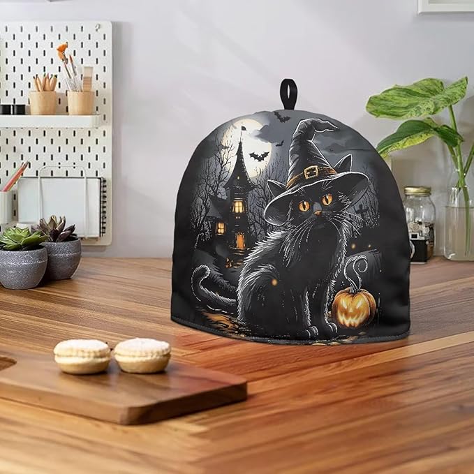 Halloween Black Cat Pattern Tea Cozy Kitchen Kettle Dust Cover Washable Teapot Dust Tea Kettle Cover for Tea Pot Halloween Decorative Kitchen竊뉰lack竊?"<div>