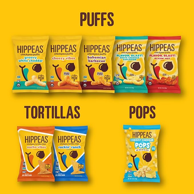Hippeas Chickpea Puffs, Variety Pack: Vegan White Cheddar, Nacho Vibes, Barbecue, Sriracha, 0.8 Ounce (Pack of 18), 3g Protein, 2g Fiber, Vegan, Gluten-Free, Crunchy, Plant Protein Snacks