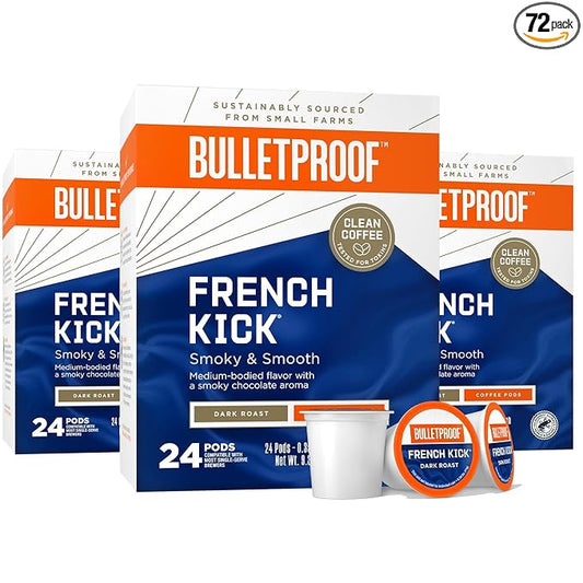 Bulletproof French Kick Dark Roast Single Serve Pods, 72 Count, 100% Arabica Coffee, Clean Coffee Tested for Toxins, Packaging May Vary