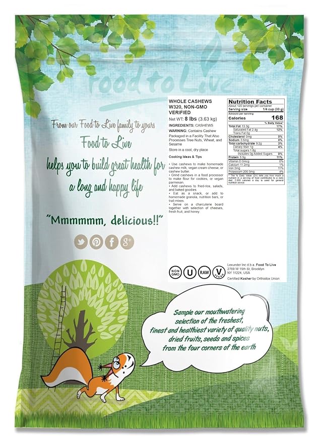 Food to Live - Raw Cashews, 8 Pounds Deluxe Whole Nuts, Unsalted, Unroasted Fancy Snack, Size W-320, Kosher, Vegan, Bulk, A good source of Magnesium, Phosphorus, Manganese & Copper