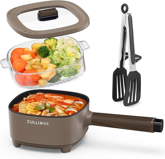 2L Hot Pot Electric with Steamer, Portable Electric Pot with Upgrade Honeycomb Nonstick Coating for Dorm, Office, Travel, Multi Cooker Pot for Ramen, Soup, Oatmeal (Tongs Included)