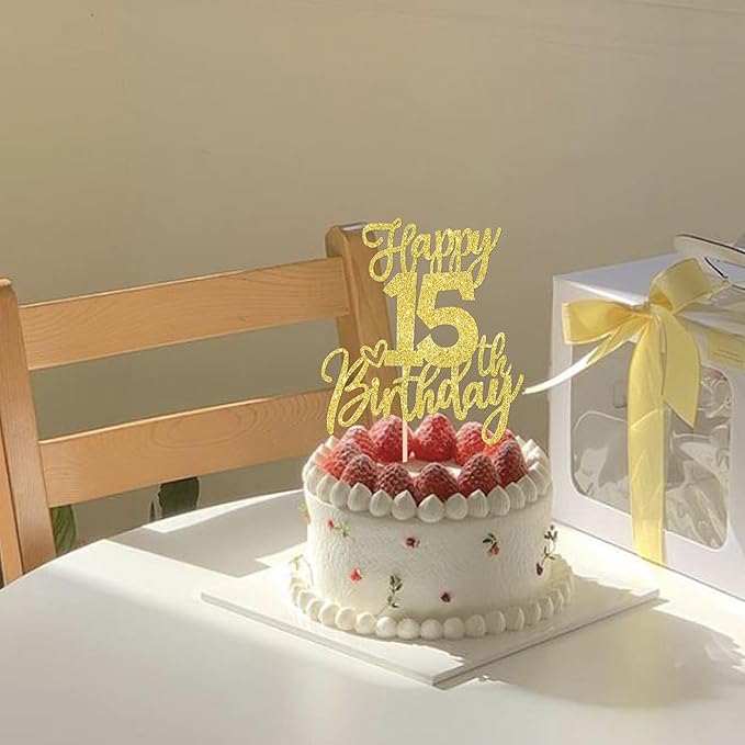 1 PCS Happy 15th Birthday Cake Topper Glitter Cheers to 15 Years Birthday Cake Pick Sweet 15 Fabulous Cake Decoration for Happy 15th Birthday Anniversary Theme Party Decorations Supplies Gold