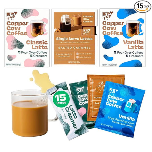 Copper Cow Premium Vietnamese Ground Coffee Variety Pack (15 Coffees & 15 Creamers)| Classic Black, Vanilla, & Salted Caramel Latte | Pour Over Single-Serve Lattes, No Refrigeration Needed