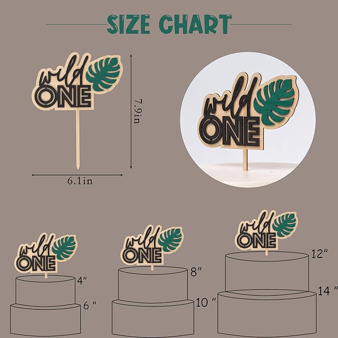 Wild ONE Wood Cake Topper - Birthday Tropical Wild One Theme Cake Decorations, First Birthday Party, Jungle Animal Safari Toddler Birthday Party Smash Cake 1st Birthday (WILD CAKE TOPPER)