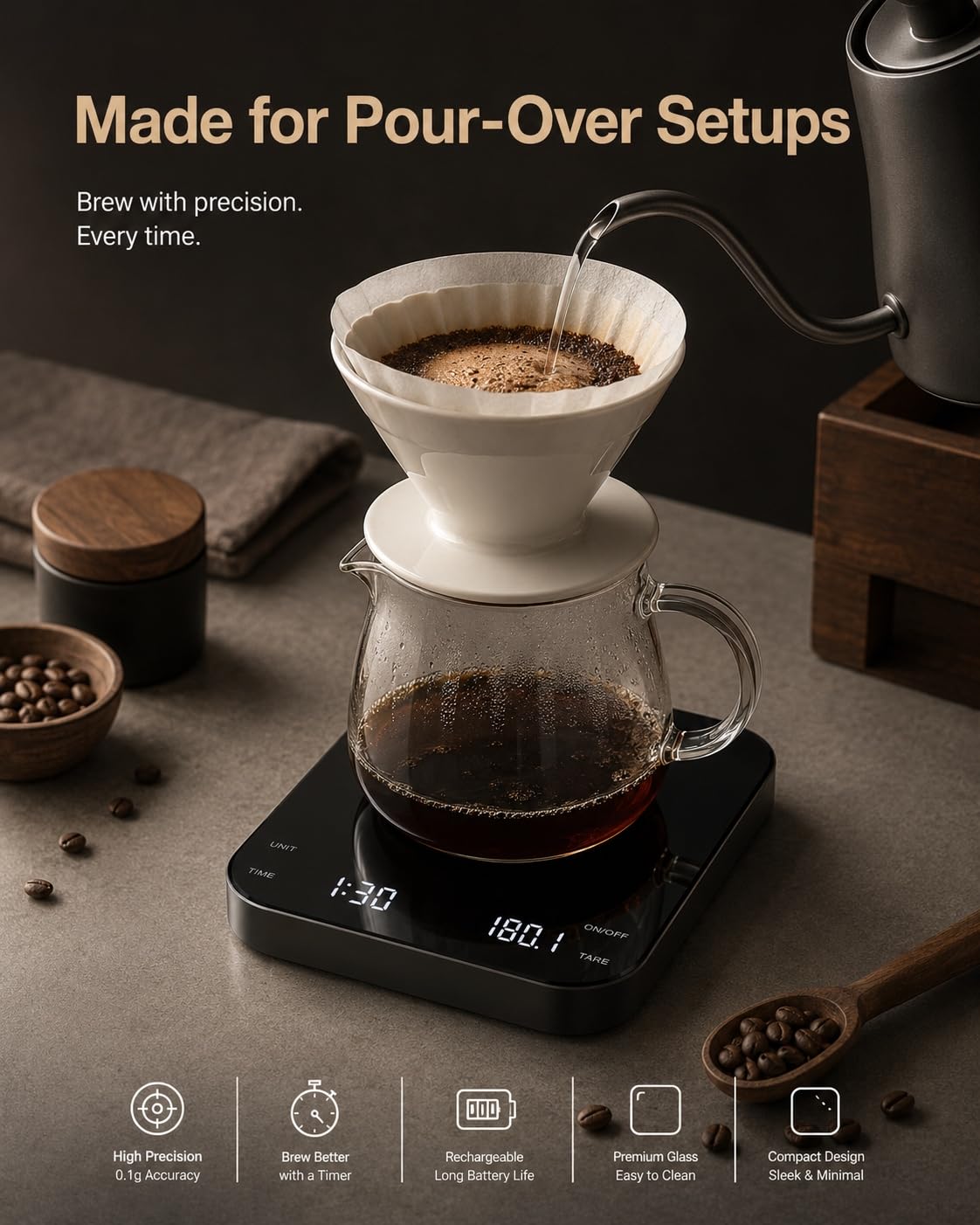 CULIKEM Pour-Over Coffee Scale with Timer, 100-Day USB-C Rechargeable
