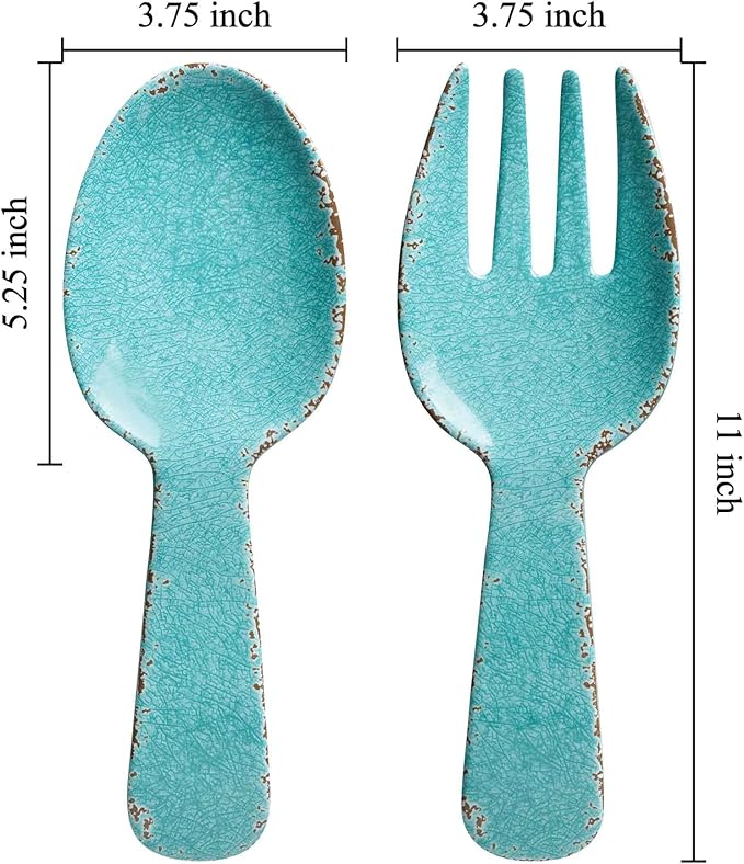 UPware Crackle Melamine Salad Servers, Serving Utensil Set, Includes Serving Fork and Spoon for Tossing Salad, Pasta, Turquoise, 10.75 Inch, Set of 2