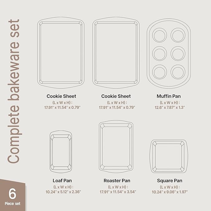 BAKKEN Kitchen Baking Pan Set - Nonstick Green Marble Coating, Commercial Grade Carbon Steel Bakeware Sets, Baking Kitchen Essentials, PFOA, PFOS, PTFE Free, Oven Safe Tray (Up To 450° F), Set of 6