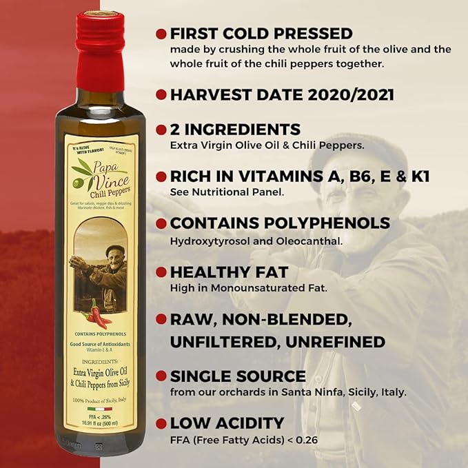 Papa Vince Olive Oil Extra Virgin - First Cold Pressed, Polyphenol Rich Olive Oil (EVOO). Chili Pepper Agrumato, Unfiltered, Single Sourced, Glass Bottle, Family made, Sicily, Italy
