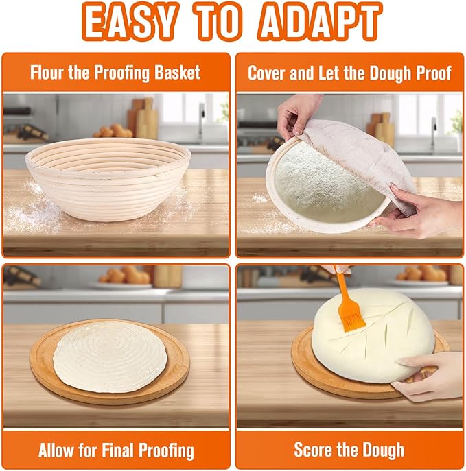 Banneton Bread Proofing Basket, Sourdough Banneton Basket, 9 inch Round Banton Proofing Baskets with Liners, Proofing Baskets for Sourdough Bread Baking Supplies(4 Pack)