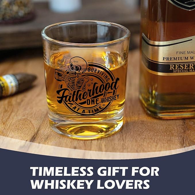 Funny Dad Whiskey Glasses 10 oz, Dad Gifts for Birthday Christmas, Surviving Fatherhood One Whiskey at a Time Old Fashioned Rocks Glasses for Drinking Scotch Bourbon Cocktail Liquor Vodka