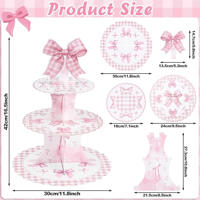 2 Pack Pink Bow Birthday Decorations Bow Cupcake Stand Coquette Theme Birthday Decorations for Women Girls Bachelorette Bridal Engagement Wedding Baby Shower Supplies