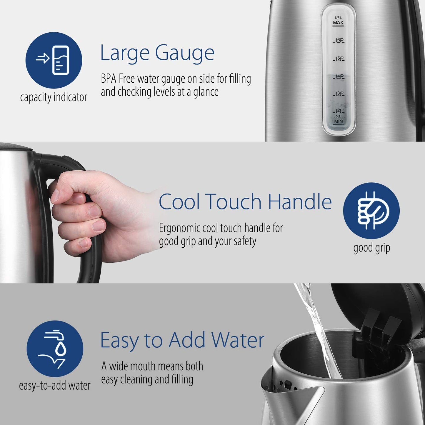 COMFEE' Stainless Steel Electric Kettle, 1.7 Liter Tea Kettle Electric & Hot Water Kettle, 1500W