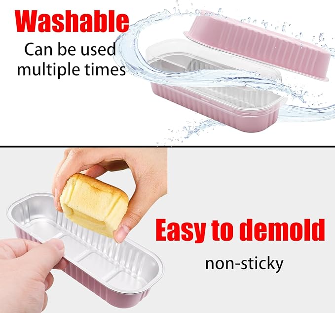 100 Pack 6.8oz Aluminum Cake Pans with Lids Rectangle Mini Loaf Pans Baking Cups Disposable Cupcake Baking Tins with 100 Pcs Plastic Spoons, Pink