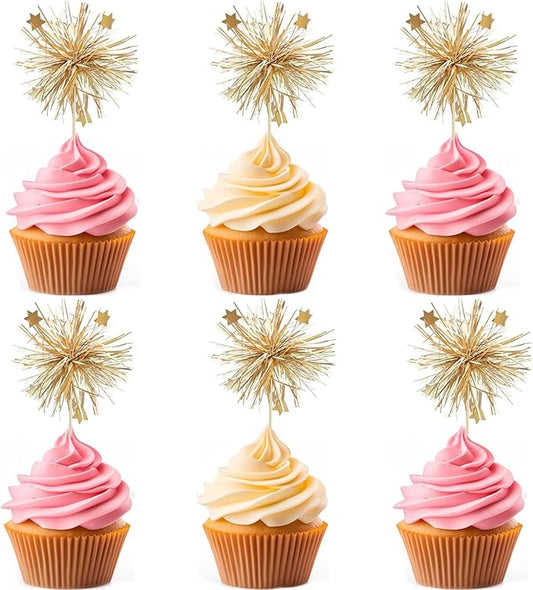 30 PCS Foil Firework Cupcake Toppers Sparkle Tinsel Cake Toppers Cake Decoration Drink Stirrers Cocktail Food Fruit Toothpicks for Birthday Wedding Graduation Party