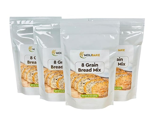 Molibake 8 Grain Bread Mix Pack of 4 - All-Natural Multigrain Baking Mix for Bread Machine and Oven - 15 oz - Multigrain Grain Mix for with Flax, Millet & Rye - Easy-to-Use Breads Maker Mix for Homemade Baking