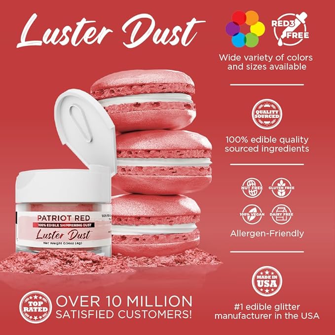 Luster Dust - Patriot Red (4g 1x Jar) | Edible Vegan Dust & Paint for Cake Decorating, Ice Cream, Desserts, Cocktails and Beverages by Bakell