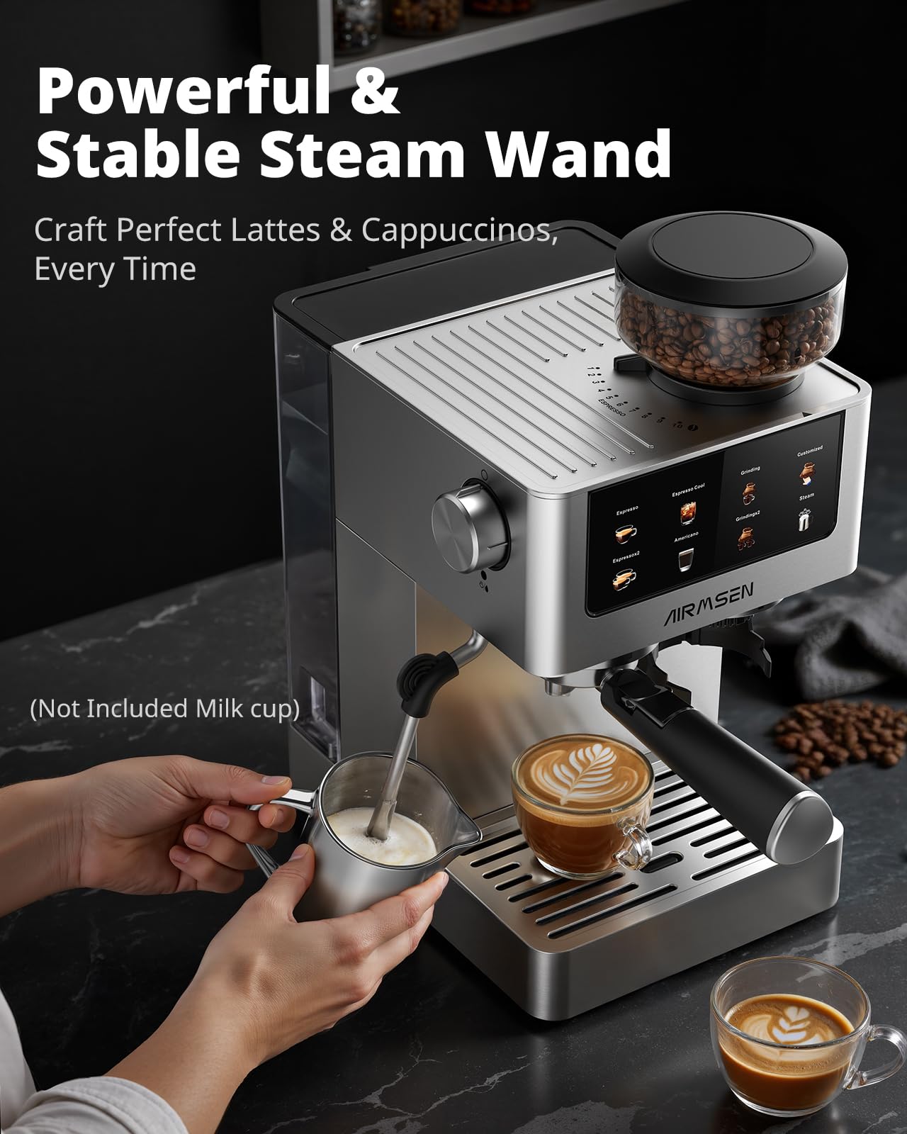 AIRMSEN Espresso Machines with Burr Grinder, 20 Bar, Milk Frother Steam Wand, Stainless Steel