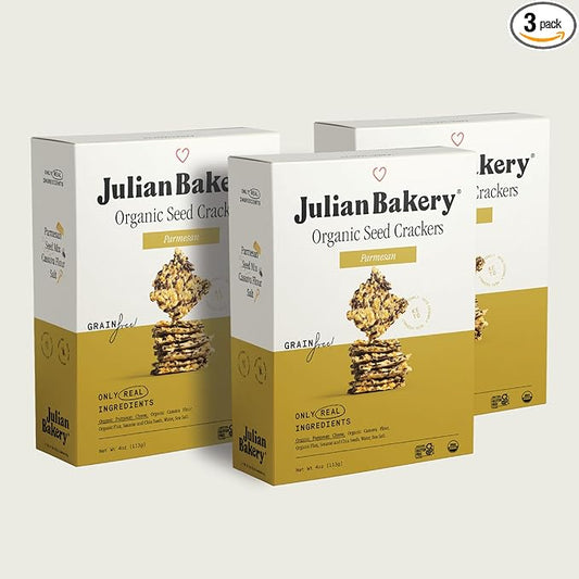 Julian Bakery® Organic Seed Crackers - Parmesan 4oz | Gluten Free and Organic Certified | Grain Free | Low Carb (3PACK)