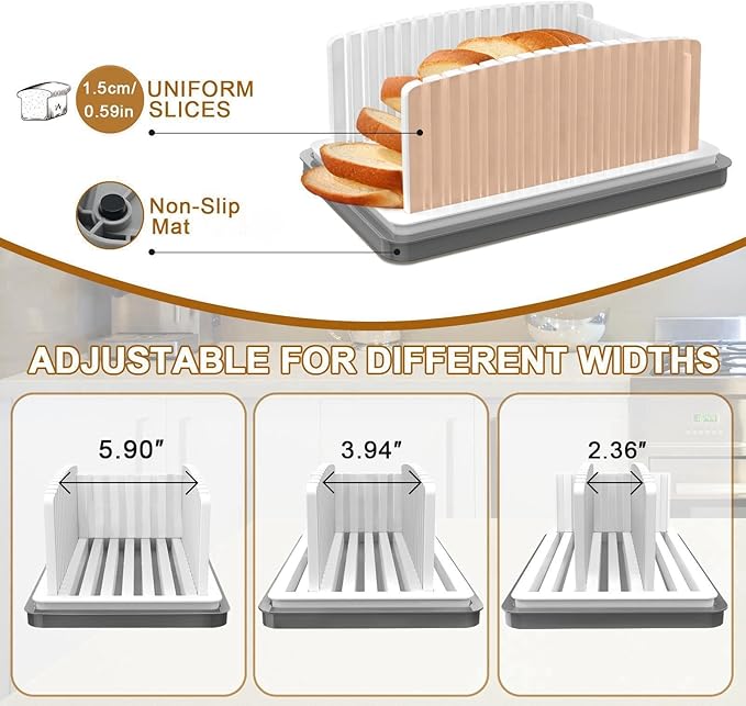 New Upgrade Bread Slicer for Homemade Bread, Bread Slicing Guide Adjustable Width, Foldable and Compact Cutting Guide with Crumb Tray, Suitability for Homemade Bread, Bagels, Cakes