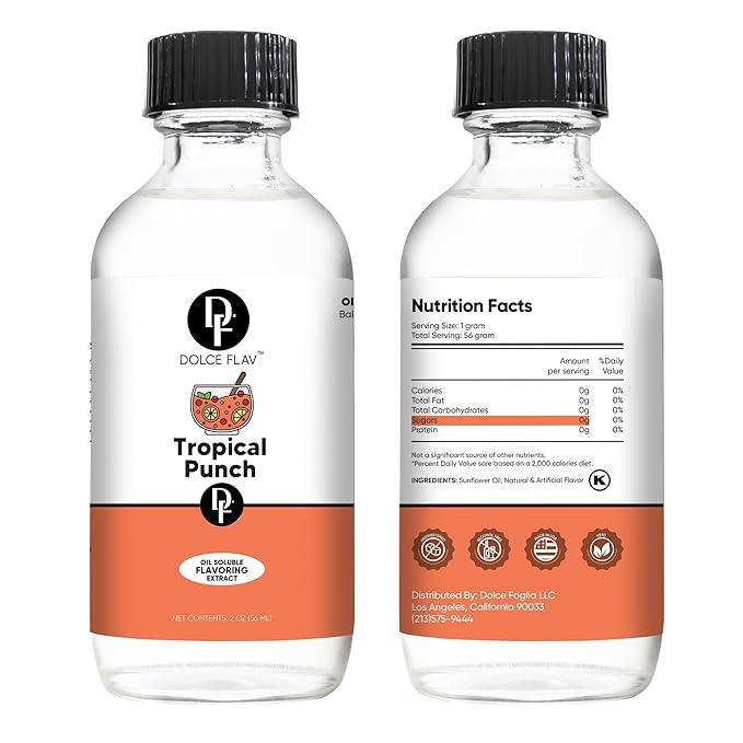 Dolce Flav Tropical Punch Extract ??2 Ounce Oil-Soluble Kosher, Sugar-Free, Concentrated Fruity Tropical Punch Flavoring for Baking, Smoothies & Desserts, Includes Measured Dropper