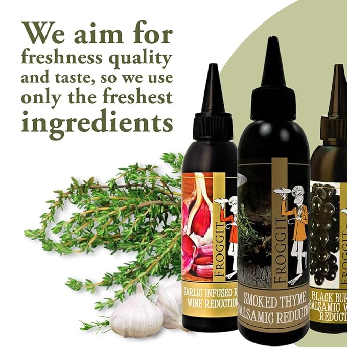 Froggit 3-Piece Garlic Infused Red Wine Vinegar, Burgundy Bliss Balsamic Reduction, Smoked Thyme Balsamic Vinegar Reduction, 150ml Non GMO