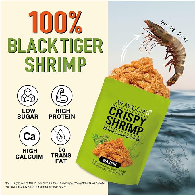 ARAWOOM - 100% Real Black Tiger Shrimp Haed Crisps, Wasabi Pack [2oz, Pack of 1], Crispy Seafood Snack, High-Protein Crunch, Crunchy On-the-Go Treat
