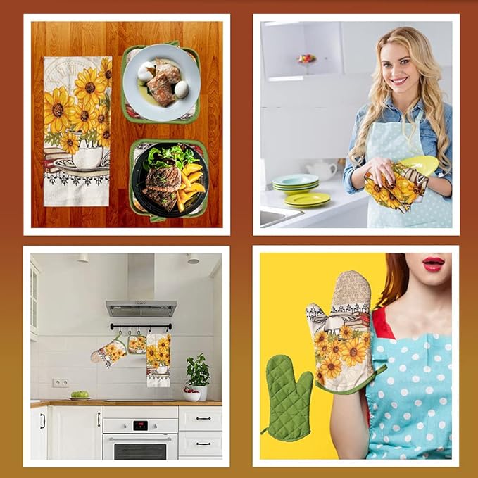 Lobyn Value Packs: Bright Sunflower 5-Piece Kitchen Set ??2 Soft Terry Dish Towels and 2 Quilted Potholders & 1 Oven Mitt for Everyday Use