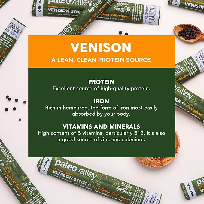 Paleovalley 100% Grass Fed Venison Sticks - 10 Pack -Keto-Friendly, High Protein, Low-Calorie Snack - Omega-3 Rich, Gluten-Free, Nitrate-Free, Naturally Flavored -Healthy On-the-Go Meat Snack