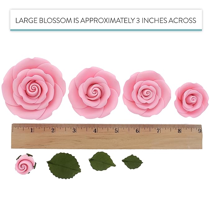 Global Sugar Art Exquisite Rose & Leaf Tray Edible Sugar Cake Flowers, Pink 20 Count Unwired by Chef Alan Tetreault