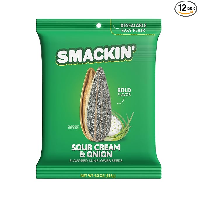 SMACKIN' - Jumbo Roasted Sunflower Seeds, No Salty Burn, American Made, Easy Pour & Seal - Sour Cream & Onion, 4oz bag (12 Bags)